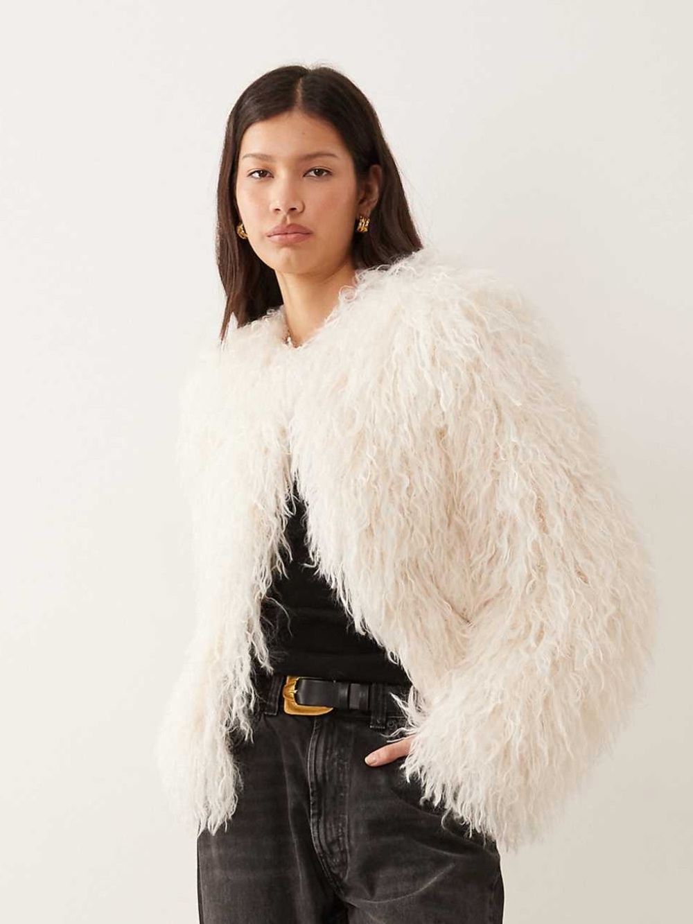 Abercrombie & Fitch cropped faux fur collarless jacket in cream